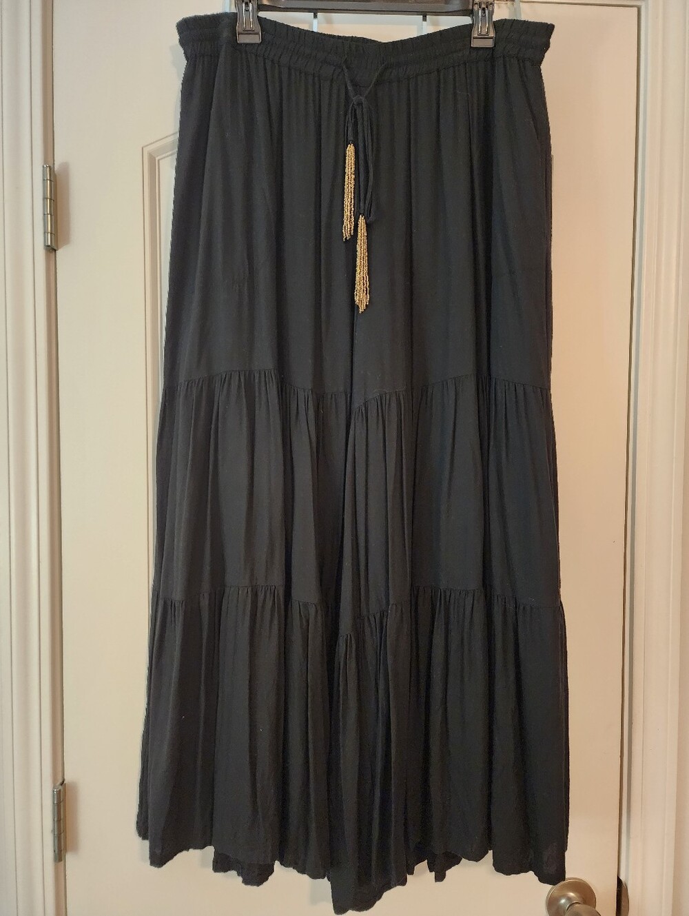 Aratta Silent Journey Black Tiered Xtra Wide Leg Palazzo Pants Gold Tassle Ties